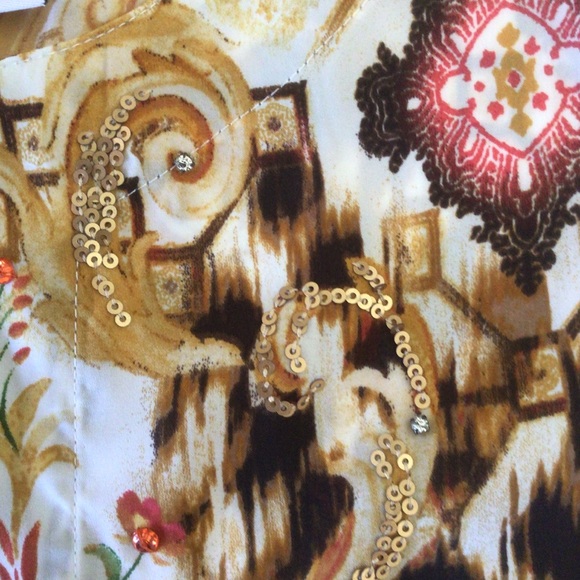 CHICOS SCROLL PATTERNED GOLD EMBELLISHED SILKY TUNIC SMALL - Picture 3 of 16